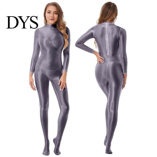 Supportive Bodysuit Lady Glossy Bodystocking Stretchy Sexy Full Long Sleeve Jumpsuit with Zipper Shiny Smooth Leotard Catsuit for Dance Practice Club