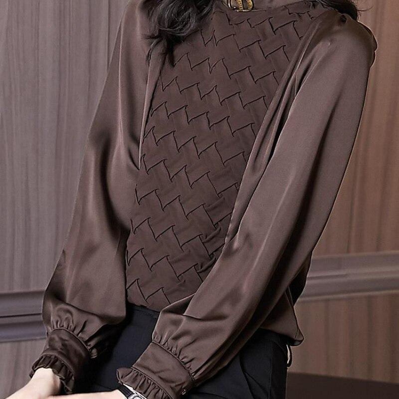 

Элегантные женские летние блузки, женские топы, женская рубашка, сорочка femme blusas, шифоновый топ с длинными рукавами и оборками, женский Mujer XL шоколадный