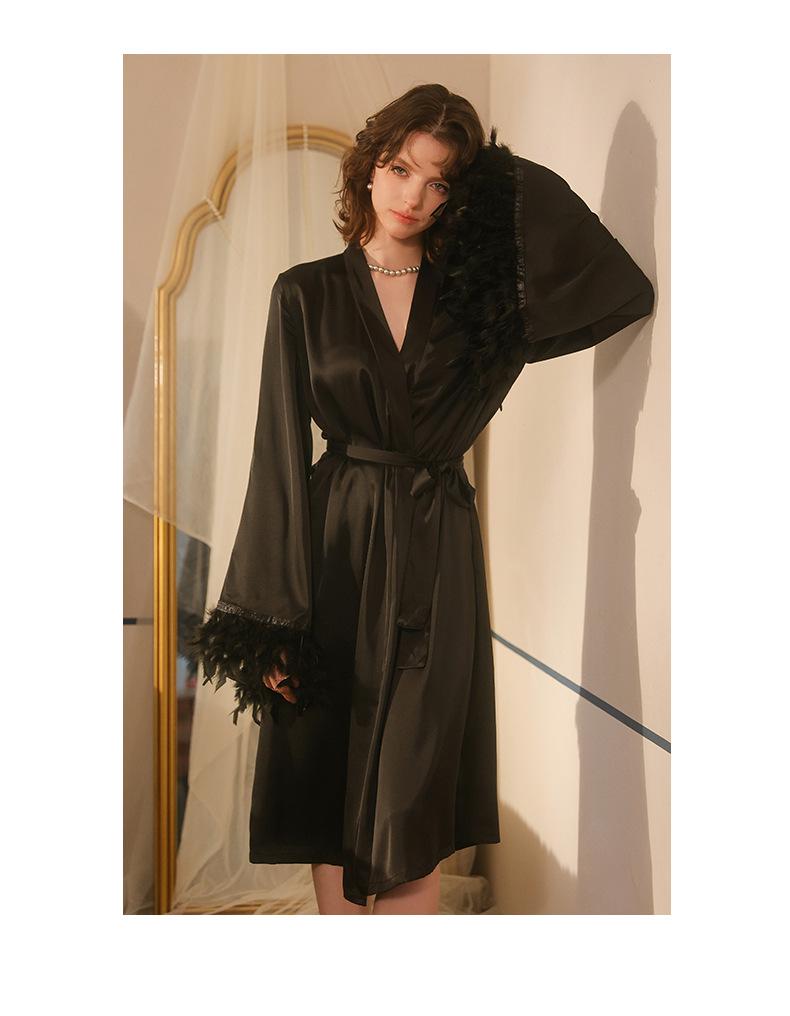 Elegant Satin Feather Sleeve Multi-color V-neck Tie-up Pajama Robe 942