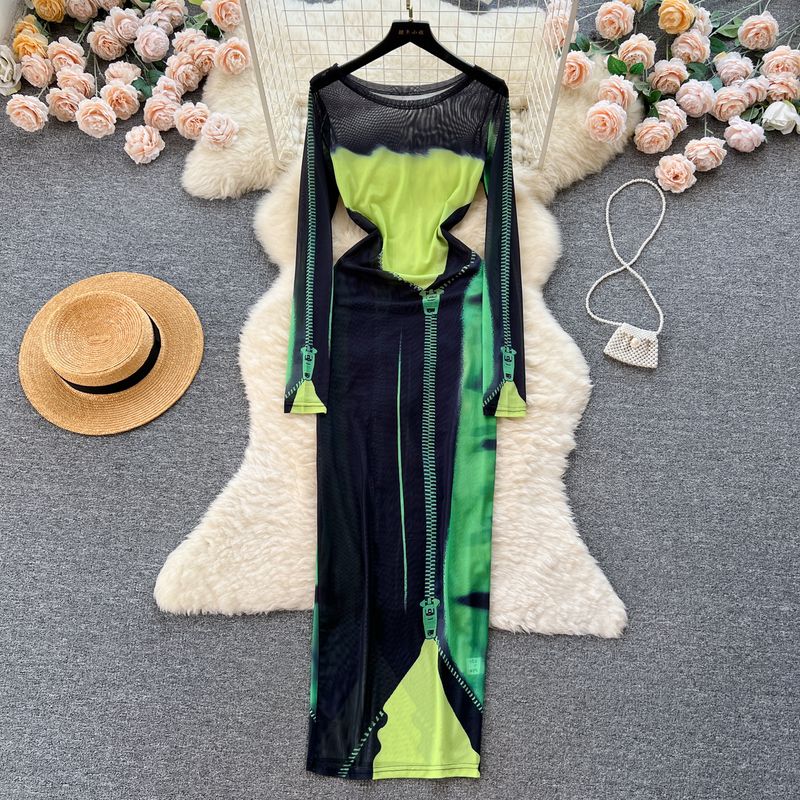 

Summer Tulle Long Sleeves Niche Style Unique Print Dress Green 2XL
