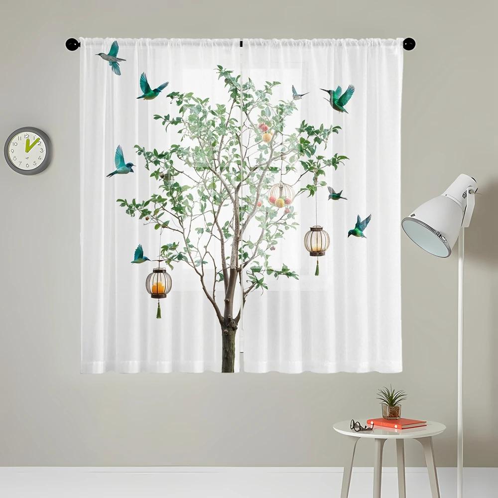 Set Of 2 Hd Digital Hundred Birds Hanging Clock Tree Printed Window Valance Home Decorating Style Decorative Living Room Bedroom Curtain Polyester