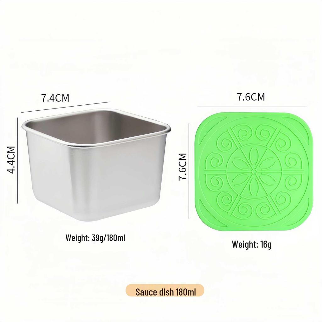 Stainless Steel Sauce & Salad Container with Silicone Lid, 60/180ml, Leakproof Square Design
