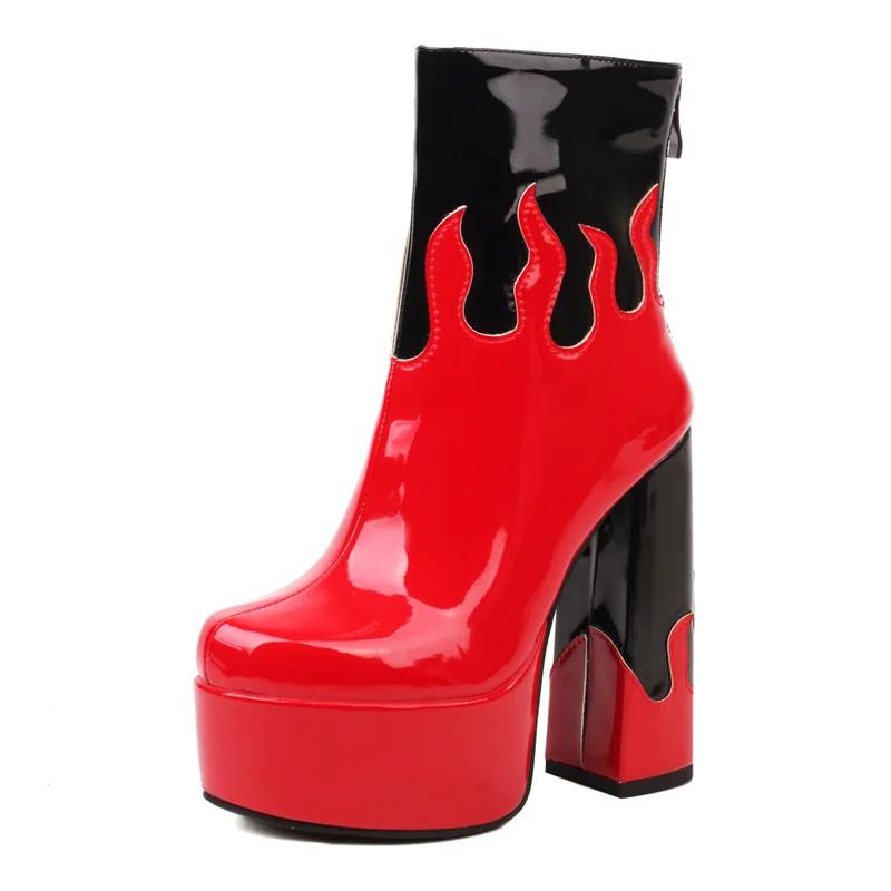 

Червоне полум я змішаного кольору платформа ботильйони жіночі високі масивні підбори рожеві білі вечірні жіночі осінь зима панк блискавка короткі ботильйони 40 червоний