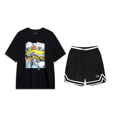 Li Ning Cartoon Big Logo Letter Round Neck Short Sleeve Mid Waist Five Point Drawstring Shorts Casual Sports Suit Unisex Suit AHSU805-1+YAPV001-1