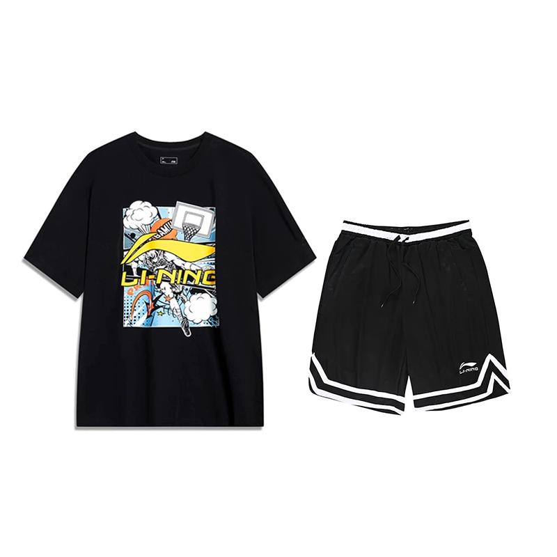 Li Ning Cartoon Big Logo Letter Round Neck Short Sleeve Mid Waist Five Point Drawstring Shorts Casual Sports Suit Unisex Suit AHSU805-1+YAPV001-1