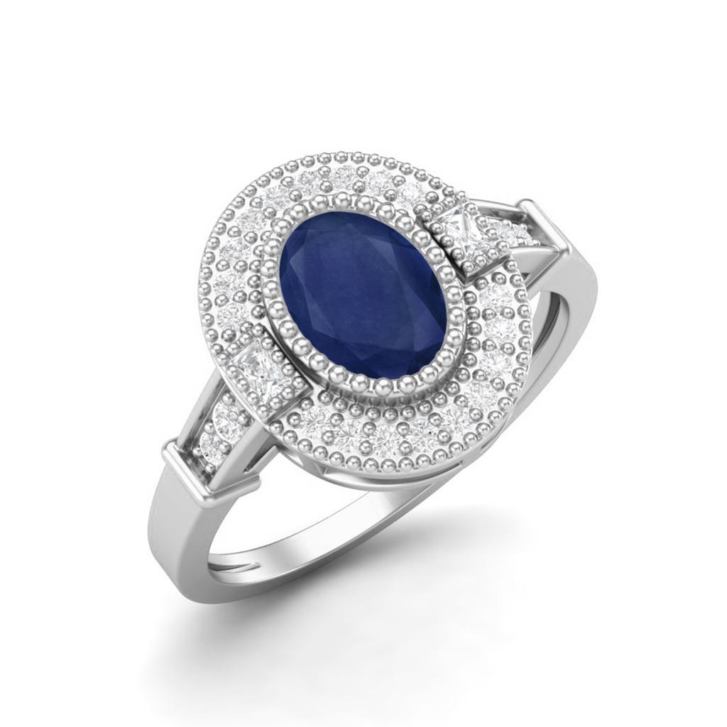 1.46 Ctw Oval Blue Sapphire 925 Sterling Silver Solitaire Halo Women Wedding Ring