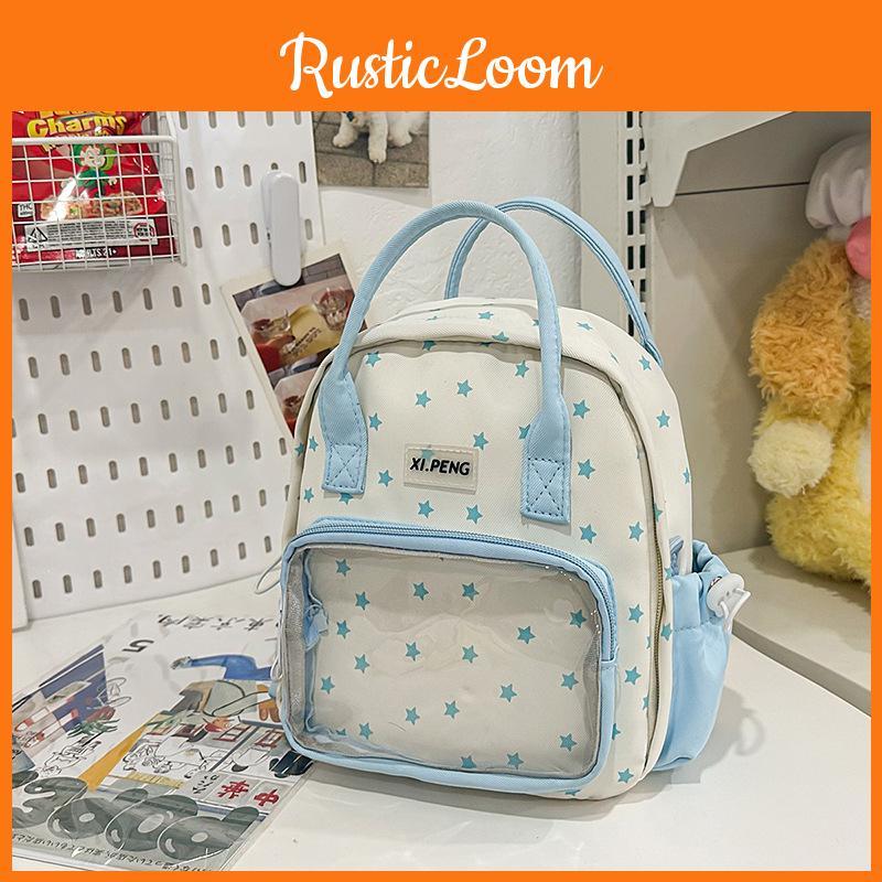 Patterned Fashionable Star Student Backpack With Transparent Compartment
