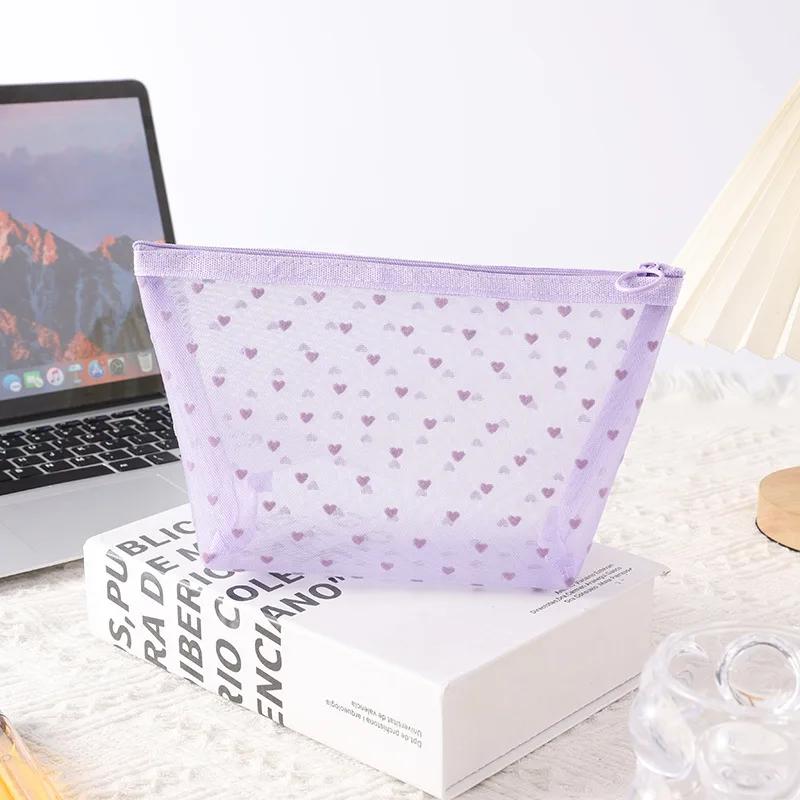 Love Print Mesh Cosmetic Bag Portable Toiletry Organizer Makeup Bag Multifunction Transparent Women Lipstick Storage Pouch