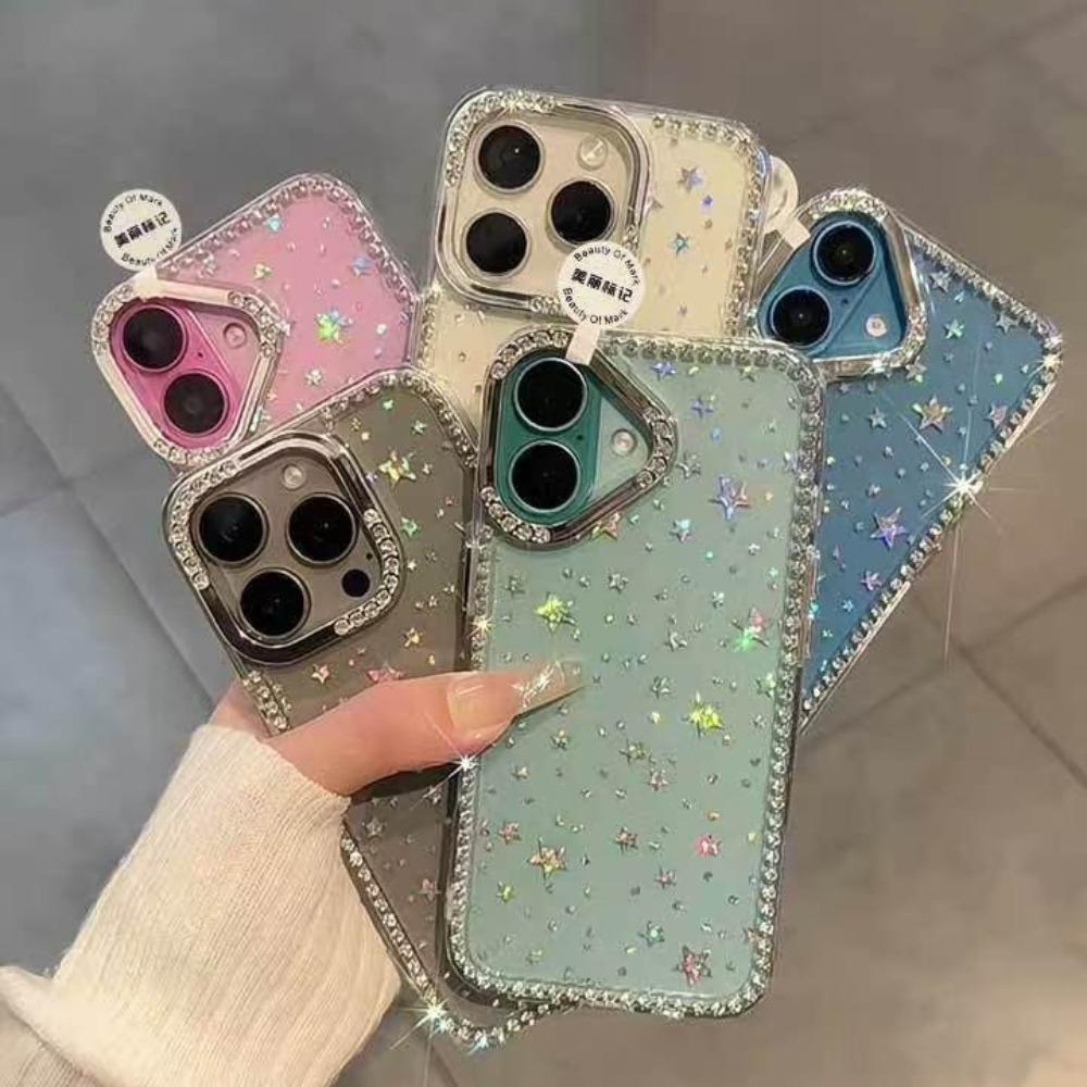 Shiny Glitter Star Rhinestone Shell Pattern Phone Case For iPhone 17 Air 16 15 14 13 12 11 Pro Max 14 Plus Soft Shockproof Cover