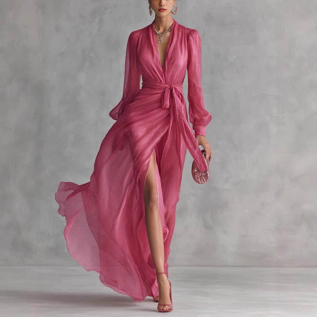 Europe, America 2026 spring and summer elegant V-neck waist chiffon dress cardigan slim dress
