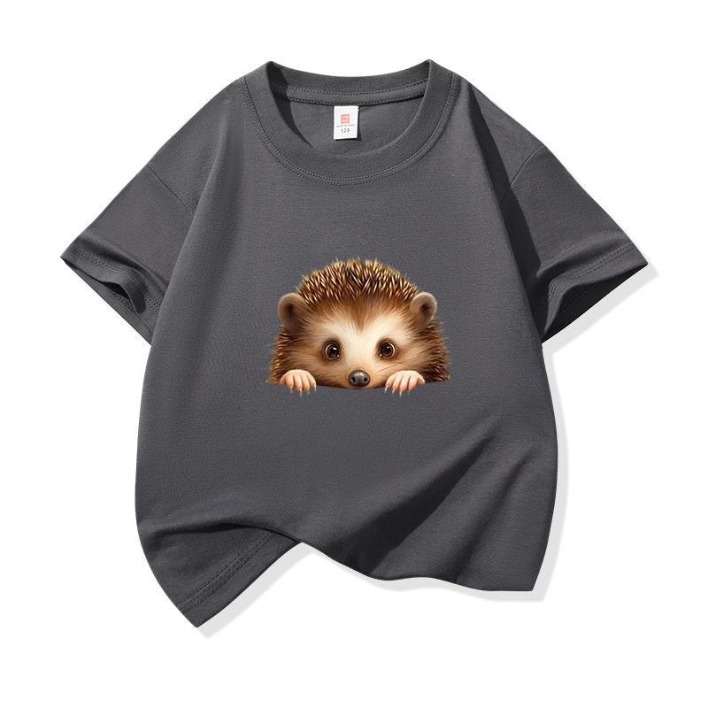 Kids Cotton T Shirt Cute Peeking Hedgehog Print Crew Neck Short Sleeve Tee Casual Breathable Boys Girls Summer Tops