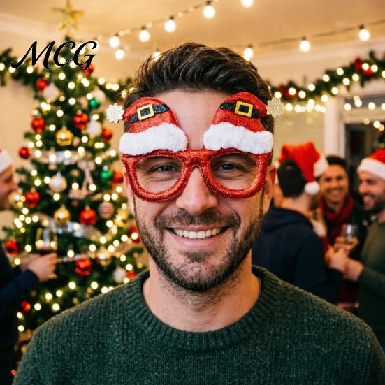 Glitter Christmas Glasses Glasses, Holiday Party Frames, Santa Hat 3D Tree Snowman Bear Funny Eyeglasses for Favors Kids And Adult