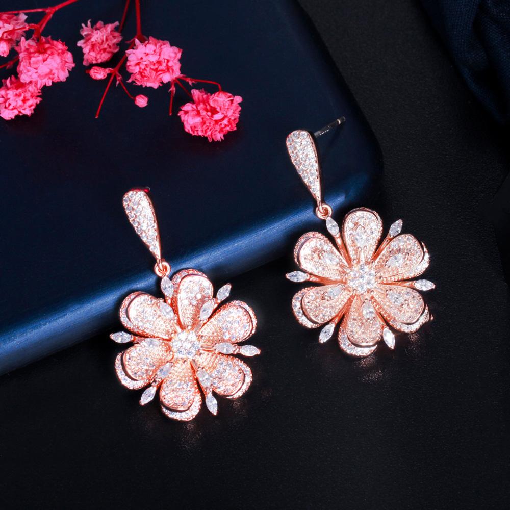 WWJ Unique 3D Flower Rose Gold Color Tiny Cubic Zirconia Drop Earrings