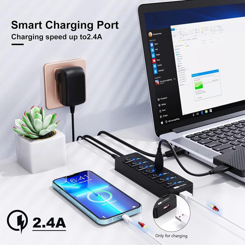 Support Data Transfer and Fast Charging On/Off Switch 8-Port USB 3.0 5Gbps Hub with for 2.1 for PC and Laptop in Stock