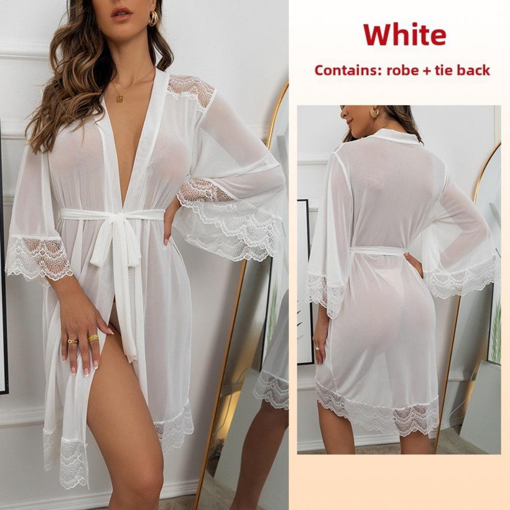 Mesh Nightgown Perspective Underwear Sexy Lace Splicing Robe Loungewear