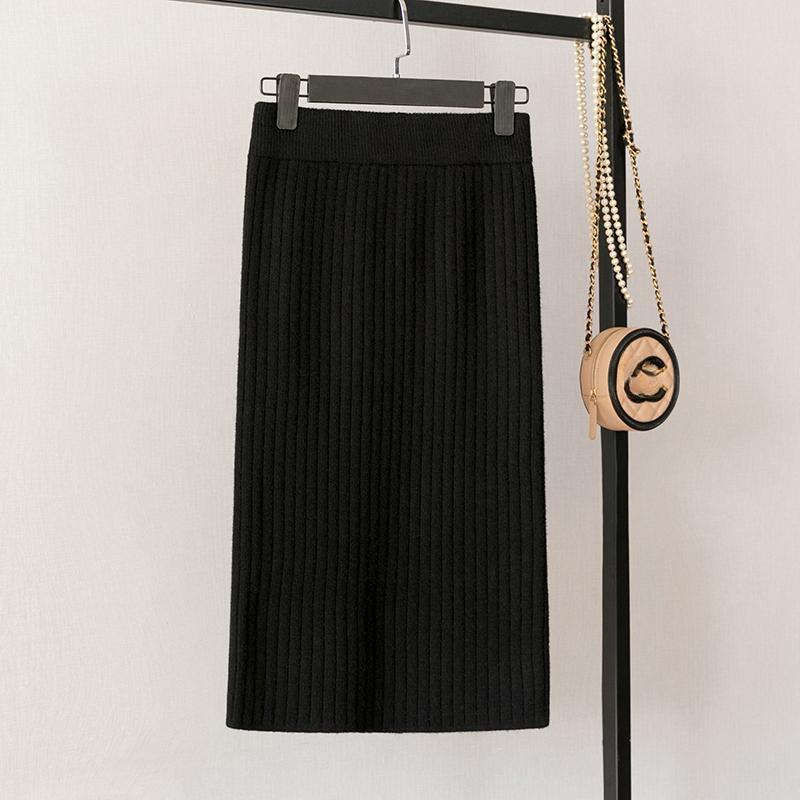 

Трикотажная юбка миди и шерстяная юбка сзади с высокой талией и разрезом средней длины, облегающая юбка для женщин на осень и зиму, юбка средней длины L