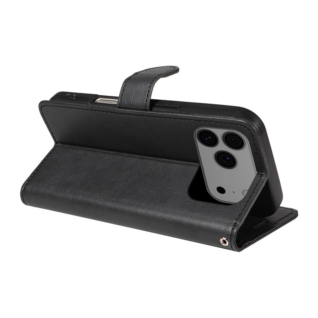 For iPhone 17 Pro Max Leather Wallet Case with Strap Solid Color Phone Stand Cover