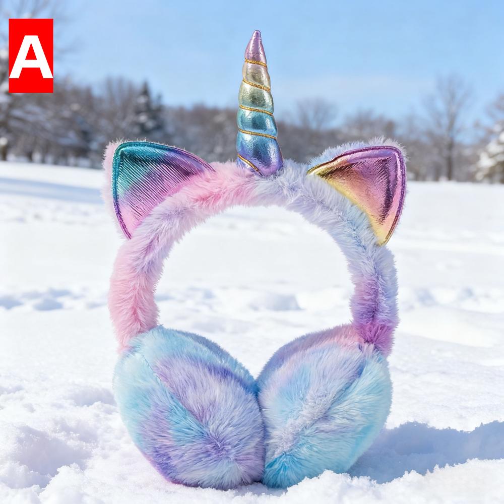 

Colorful Unicorn Soft Tie-dye Fur Plush Fluffy Earflap for Children Kids Winter Warm Plush Earmuffs with Cat Ear Christmas Gifts