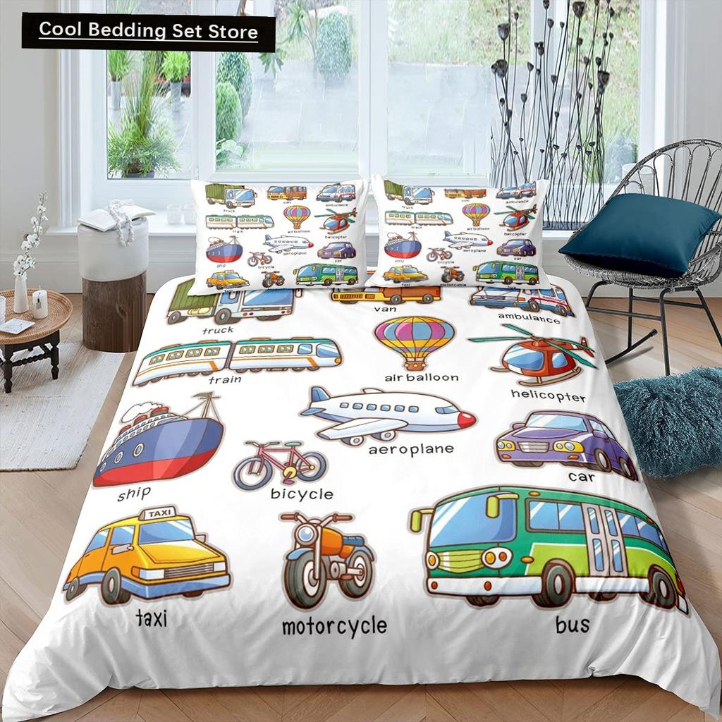 Gelbes Taxi Auto King Queen Bettbezug Jungen Cartoon Transport Bettwäscheset Rosa Stadtlandschaft Steppdeckenbezug Polyester Bettdeckenbezug