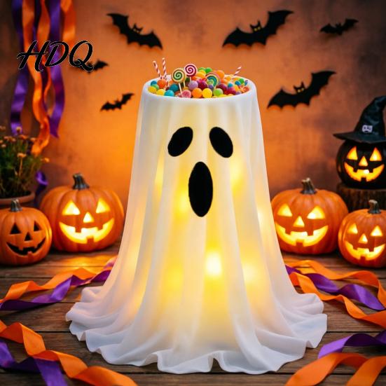 Cute Ghost Decoration Halloween with 8-Mode Remote Control LED Light Candy Bowl