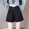 Women's Winter 2024 Black Woolen High-Waisted Wide-Leg Bootcut Shorts