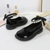 Black Shoes for Girl Back Bow Ankle Strap Sweet Children Leather Shoes Round Toe Beading Glossy Fashion Kid Autumn School Shoes