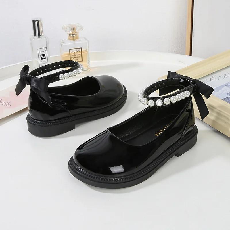 Black Shoes for Girl Back Bow Ankle Strap Sweet Children Leather Shoes Round Toe Beading Glossy Fashion Kid Autumn School Shoes