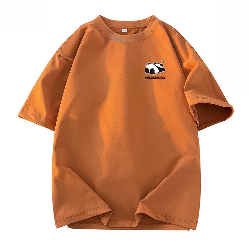Sommerliches Baumwoll-T-Shirt mit lockerem Schnitt, Panda-Grafikdruck und Fünf-Minuten-Ärmeln