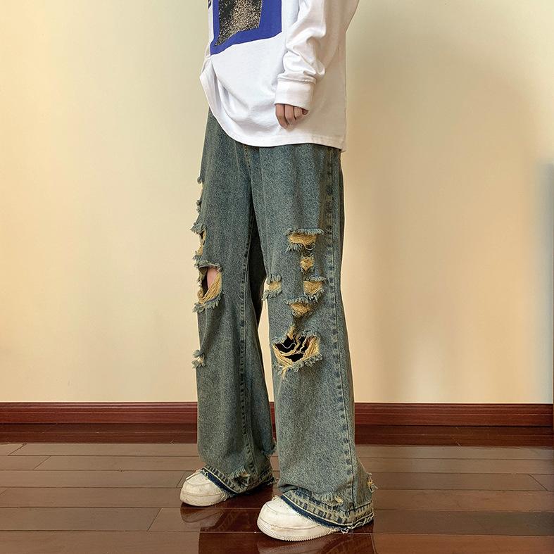 American retro ripped jeans men's summer high street hiphop loose and thin straight wide-leg pants ins trendy brand