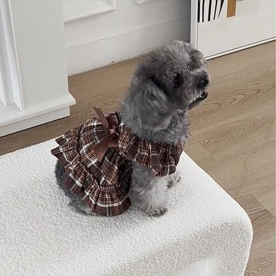 Retro Pet Plaid Strap Skirt Soft Breathable Cat Plaid Pleated Shirt Flying Sleeve Thin Design Dog Vest Dresses Four Season
