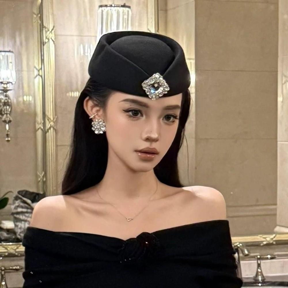 Flat-top Wool Beret Hat Rhinestone Flight Attendant Hat Fashion Topper Hat  Cocktail Party
