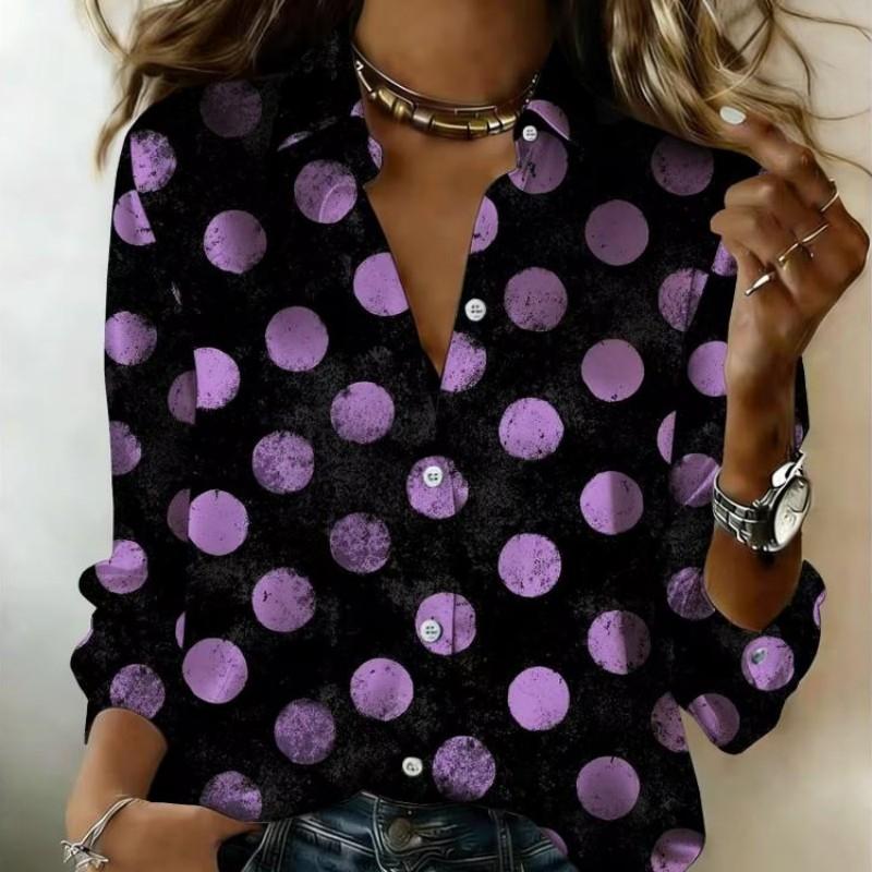Women Satin Long Sleeve Shirt Big Polka Dot Print Blouse Lapel Single Breasted Loose Office Tops