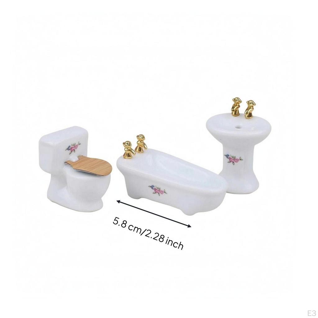 3 Pieces Dollhouse Toilet Sink Tub Set Glossy Finish Mini Washroom Accessories Detail Miniature