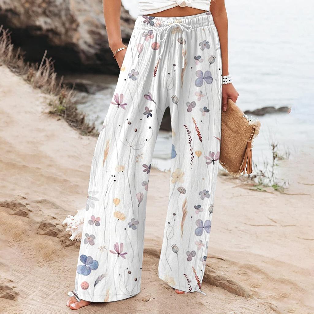 Women's  Casual Loose High Waist Cotton Linen Wide Leg Long Pants With Pockets