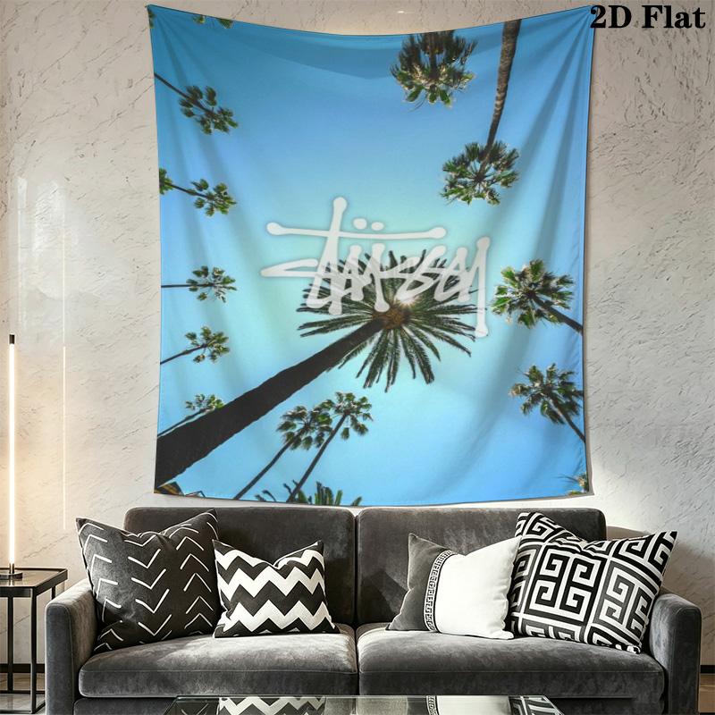 Blue Sky Palm Tree Tapestry, Low Angle Tropical Palm Scenery Street Signature Logo Wall Hanging