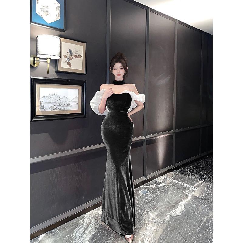 

Autumn and winter new sexy lady golden velvet one-word collar slim and thin dress dress, long style with chest pads S чёрный