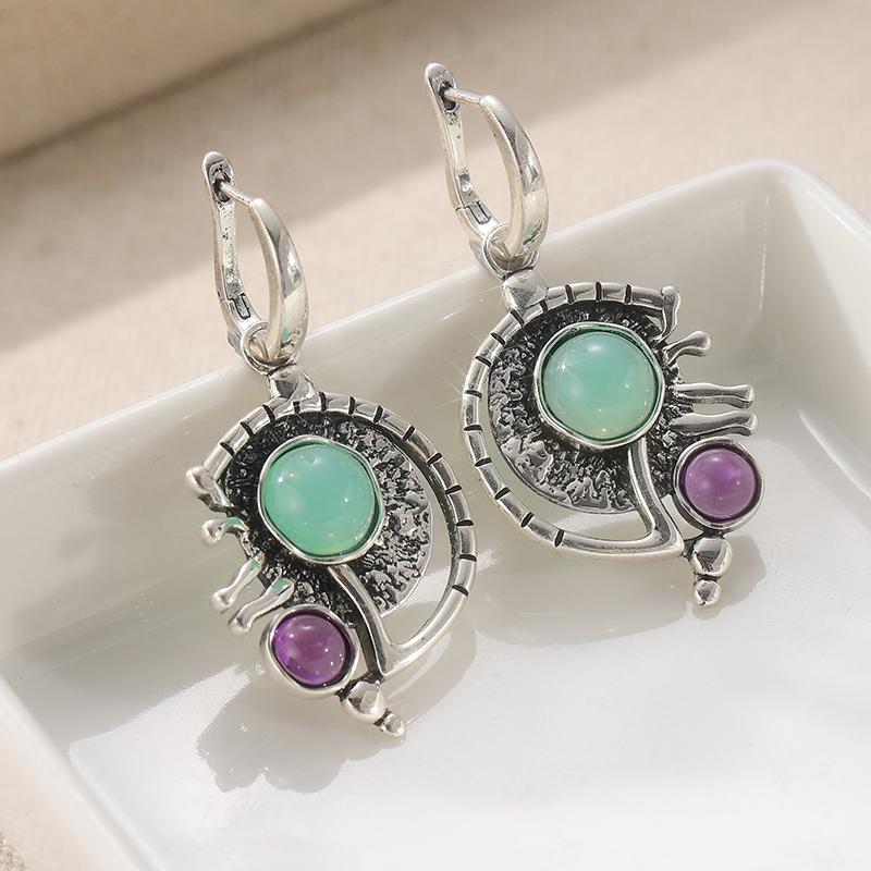 Bohemian Vintage Synthetic Emerald Asymmetrical Pendant Earrings Women  Exquisite Banquet Dangle Earrings Jewelry Crafts