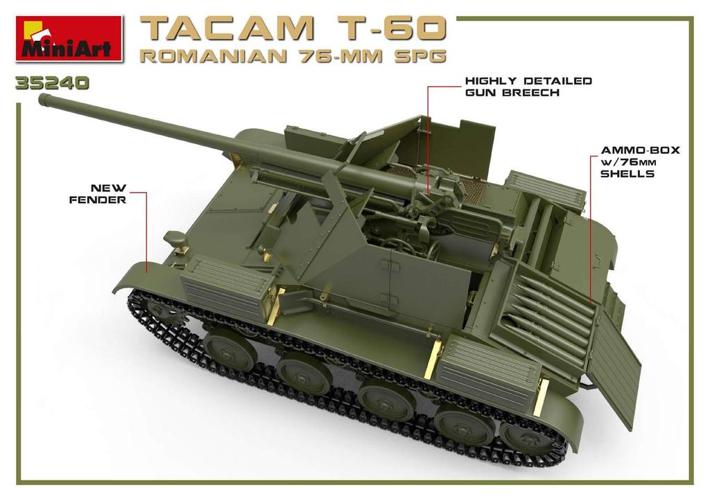 MiniArt Scale Romanian Army 76mm Artillery TACAM Full Interior Plastic Model Kit MA35240 1/35 Self-Propelled T-60