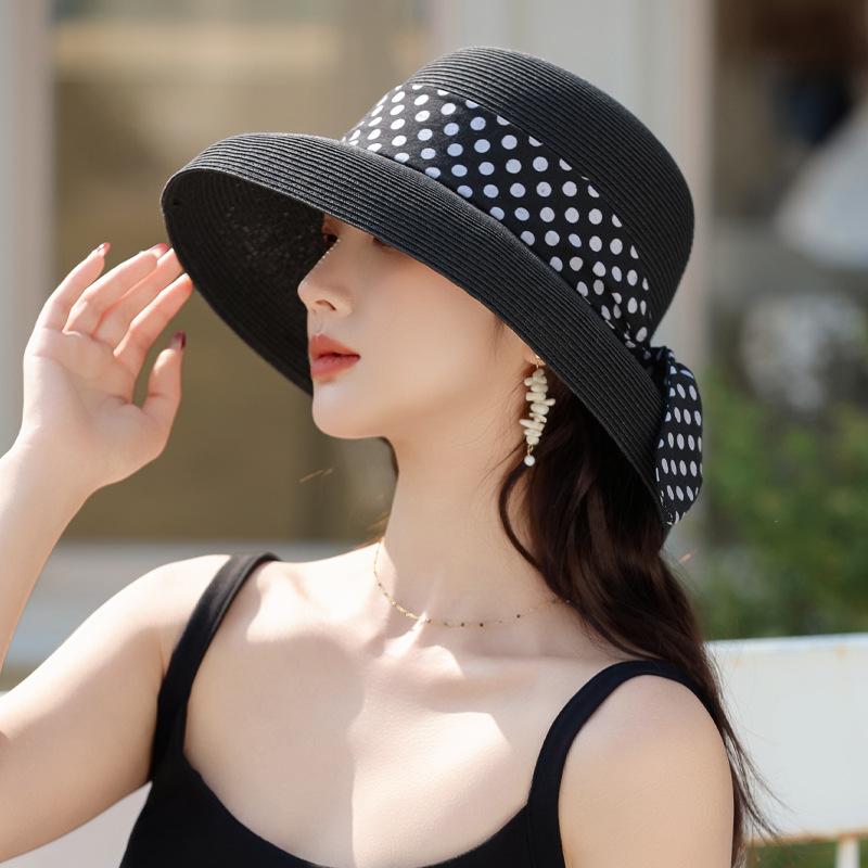 Summer new hat women's polka dot streamer sun hat Lafite straw hat travel sunscreen visor