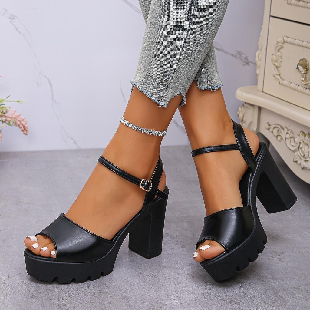 2025 Frühling und Sommer neue dicke Ferse High Heel Fischmaul Sandalen Damen Koreanische Version Mode Ein-Wort Schnalle mit Plateau Außenhandel Damen