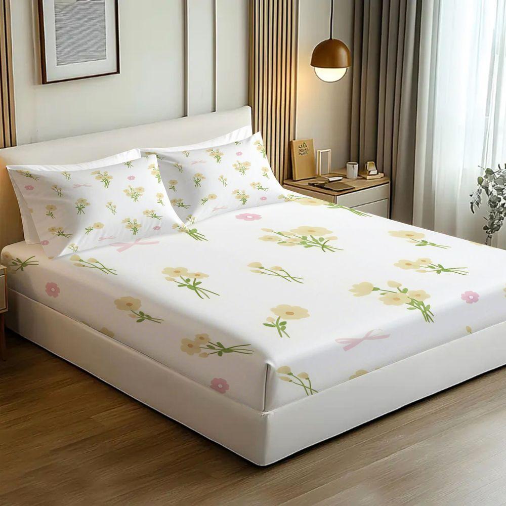 Cream Floral Bow Digital Print Fitted Sheet Set Bed Sheet Set Bedding Set No Fillers Cottage Teen Room Home Decor