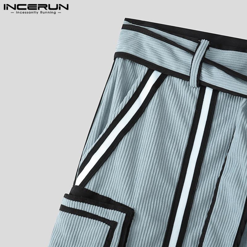 INCERUN Men Autumn Belt Zip-up Waist Stitching Corduroy Harem Pants Trousers