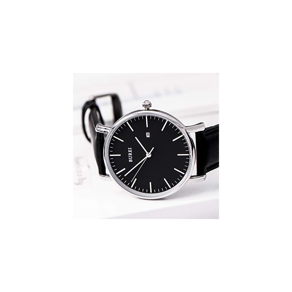 BUREI Men's Analog Watch Black Leather Waterproof Simple Design Silver Shell Timepiece