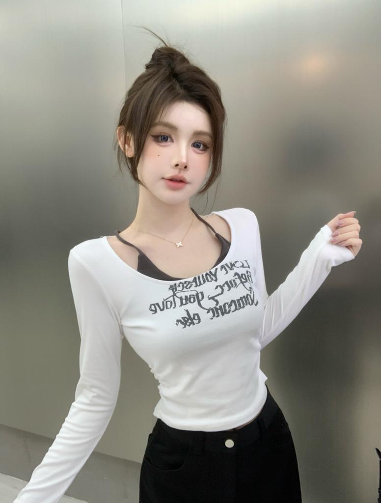 Pure desire hottie sexy one-word shoulder top women's autumn American red long-sleeved t-shirt slim-fitting U-neck bottoming shirt