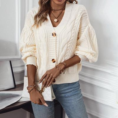 Womens Solid Color V-Neck Cable Knit Cardigan Sweater With Button Front Regular Fit Long Sleeve