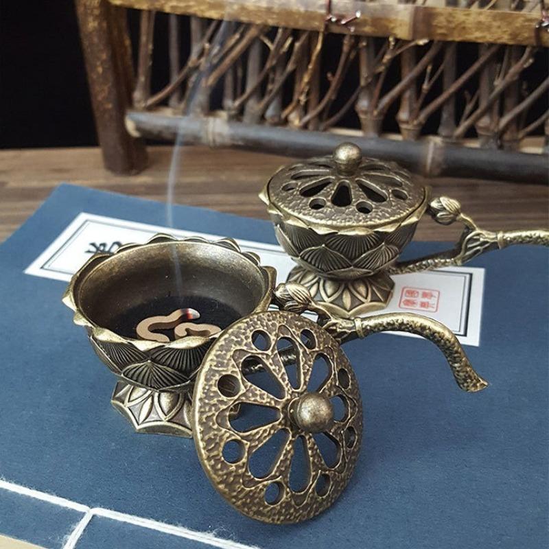Creative Lotus Incense Burner with Handle Retro Copper Lotus Hollow Out Incense Stick Burner Brass Craft Home Office Decoration