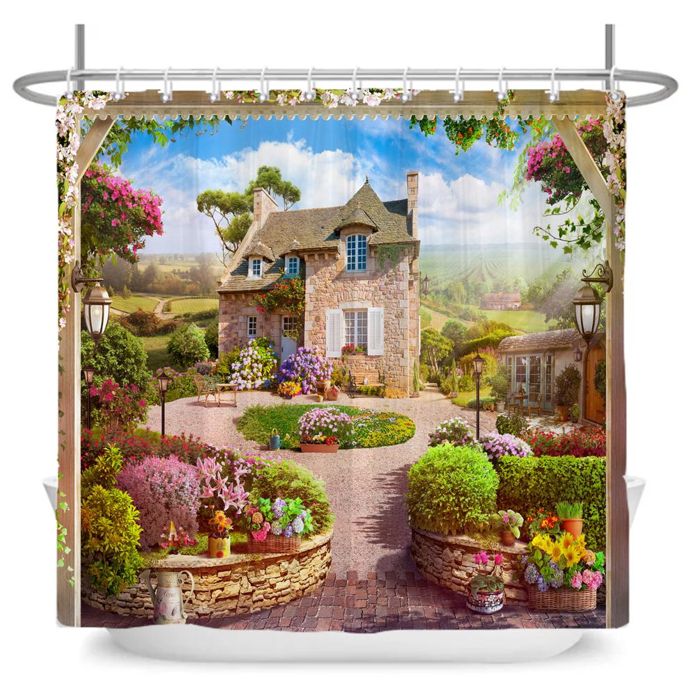 Beautiful Seaside Garden 3D Print Shower Curtain Rural Flower Scenery Bathroom Waterproof Bathtub Curtain Home Decor With Hooks
