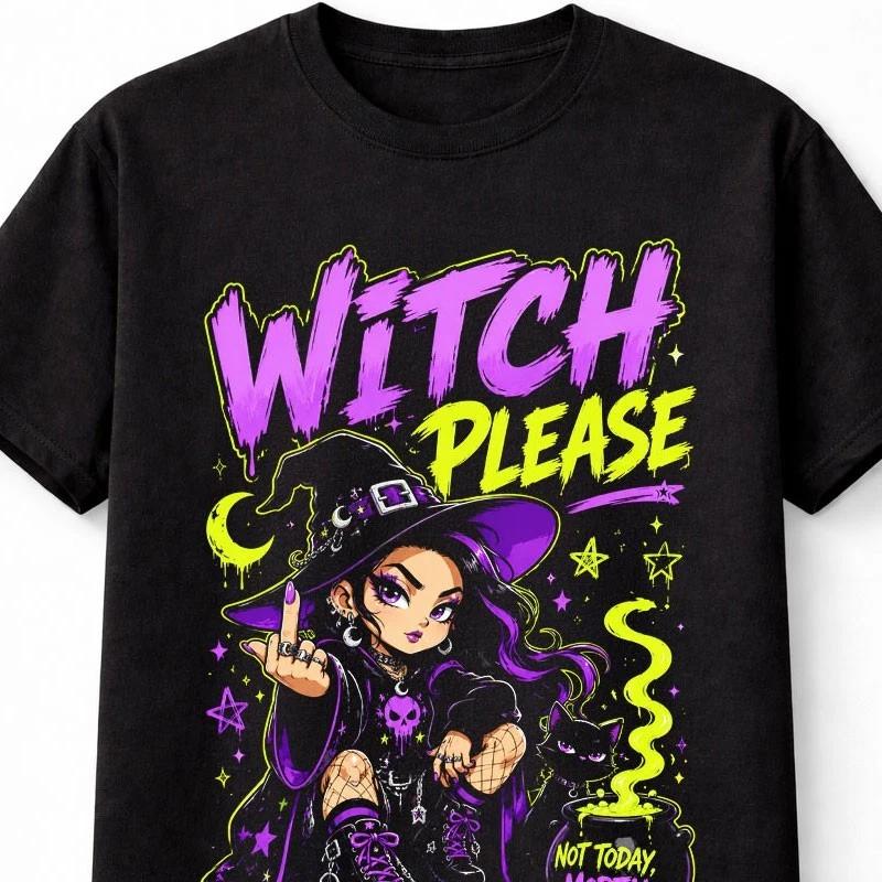 Witch Please Gothic Attitude Witch Cat Halloween Graphic Unisex TShirt S