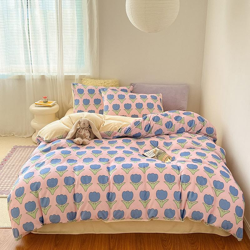 

Thickened Milk Fleece Large Version Digital Printing Four-Piece Set, Fleece Thermal Sheets, Quilt Covers, Bedding 1.2m sheet 3pc: quilt cover 150 * 200cm тюльпан