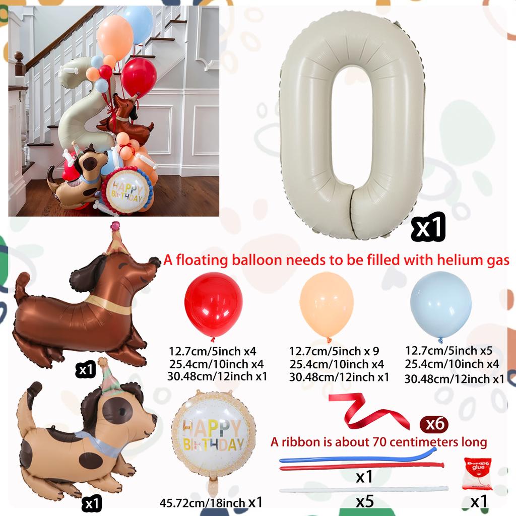 Milk white digital column balloon set with cute dog aluminum foil balloons for anniversary, birthday party decoration (0-9)